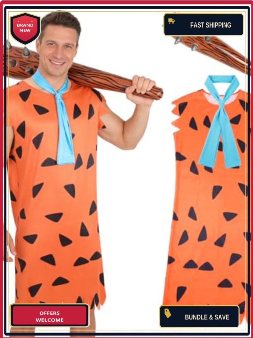 Men's Caveman Costume Stone Age Tunic Club Cosplay Halloween Outfit